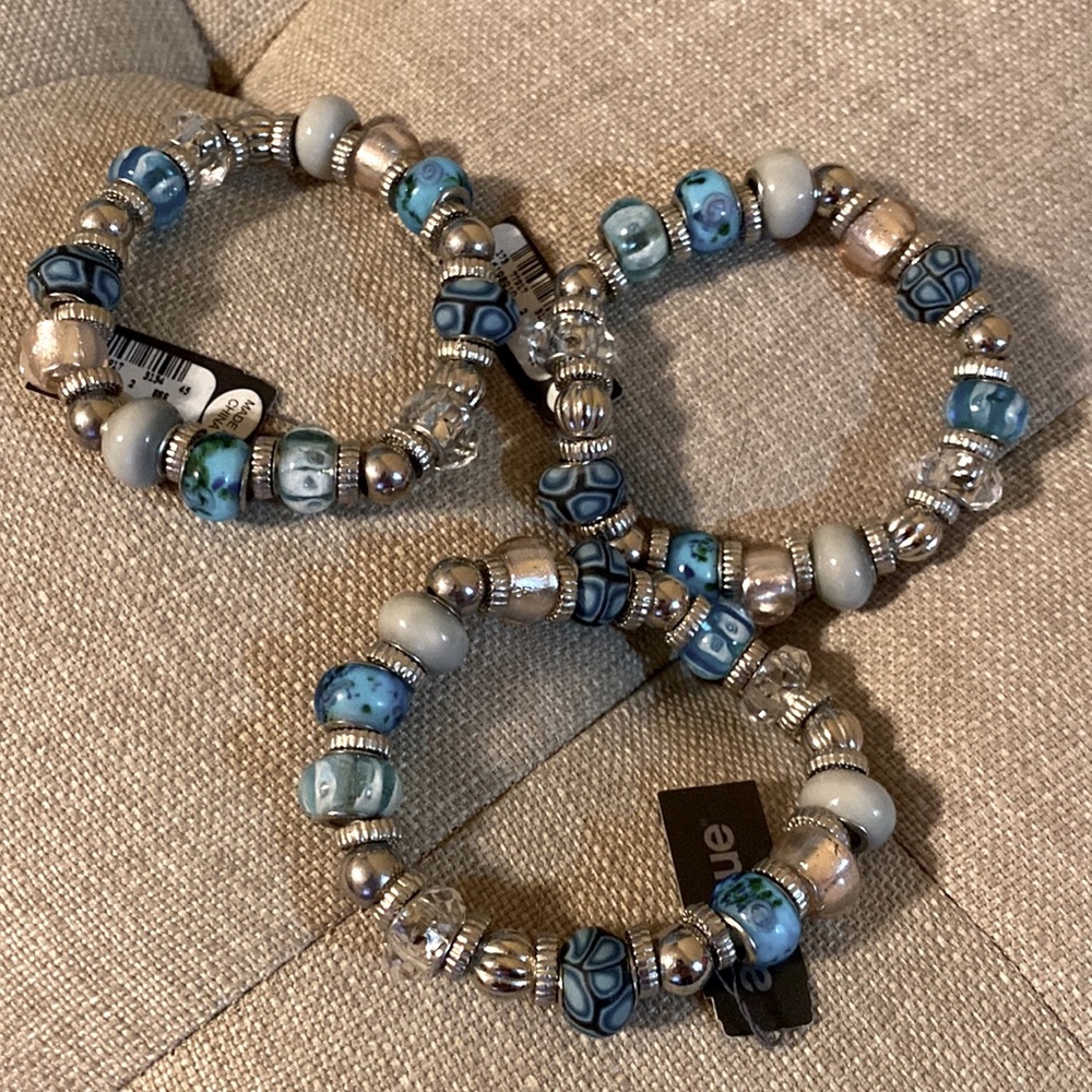 NWT Set of three Avenue blue and silver multicolored beaded bracelets